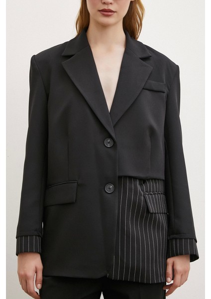 Çizgi Detaylı Çift Düğmeli Blazer Ceket Siyah
