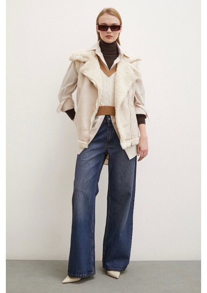 Süet Yünlü Deri Yelek Bej fiyatları