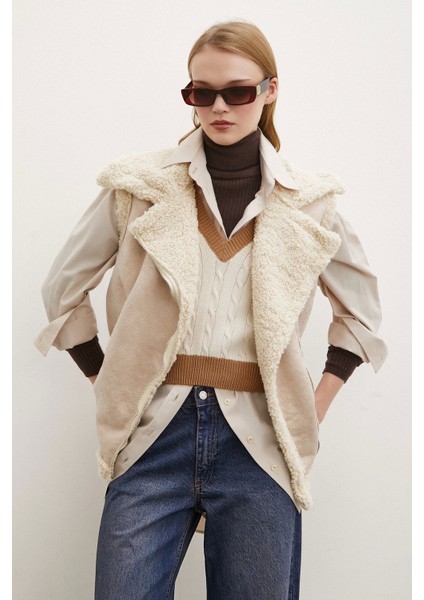 Süet Yünlü Deri Yelek Bej modelleri