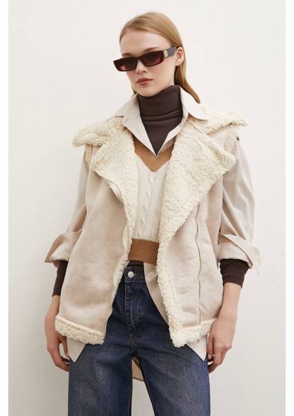Süet Yünlü Deri Yelek Bej fırsatları