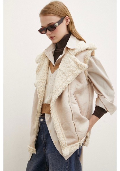 Süet Yünlü Deri Yelek Bej indirimleri