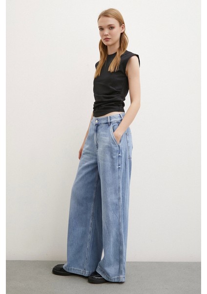 Yüksek Bel Geniş Paça Jean Buz Mavisi fiyatları