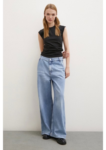 Yüksek Bel Geniş Paça Jean Buz Mavisi fırsatları