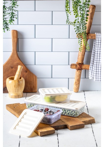 3'lü Set Freshbox Mikrodalga ve Difrize Uygun Saklama Kabı Krem
