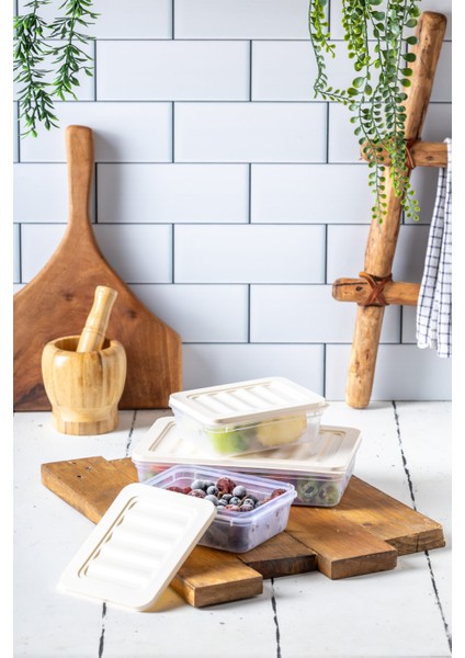 3'lü Set-2 Freshbox Mikrodalga ve Difrize Uygun Saklama Kabı Krem