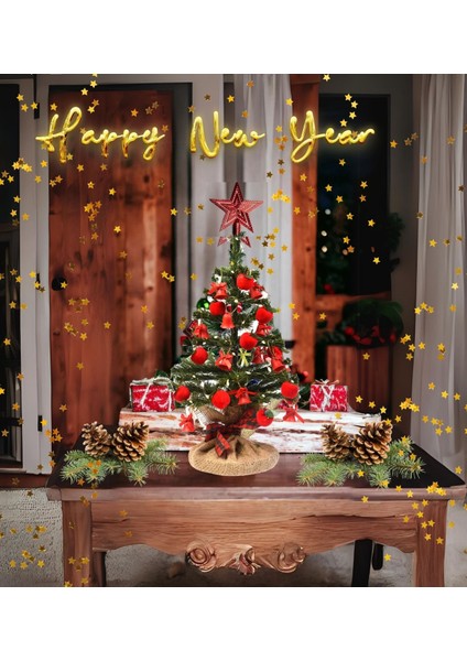 Masaüstü Kırmızı Konsept Süslü Çam Ağacı 40 Cm, Kütüklü Jütlü 25 Parça Süs ve Işık