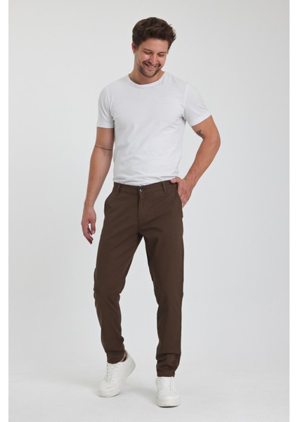 TheSeason Erkek Kahverengi Gabardin Pamuklu Keten Slim Fit Yan Cep Esnek Chino Pantolon fırsatları