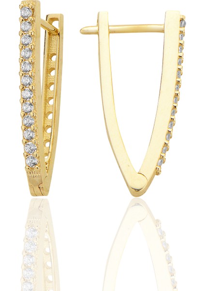 14 Ayar Altın V Hoop Zircon Taşlı Minimalist Küpe AT020