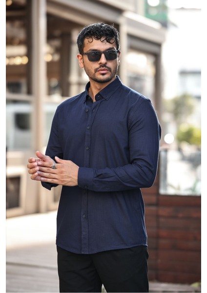 Erkek Beyaz Slim Fit Dar Kesim Düğmeli Yaka Keten Görünümlü %100 Pamuk Flamlı Gömlek