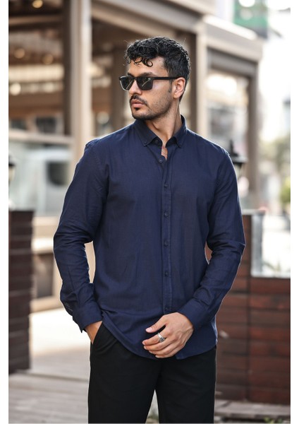 Erkek Beyaz Slim Fit Dar Kesim Düğmeli Yaka Keten Görünümlü %100 Pamuk Flamlı Gömlek