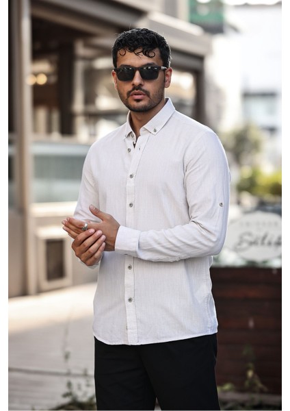 Erkek Beyaz Slim Fit Dar Kesim Düğmeli Yaka Keten Görünümlü %100 Pamuk Flamlı Gömlek