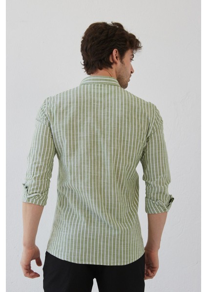 Erkek Uzun Kol Yaka Düğmeli Modern Slim Fit Dar Kesim Çizgili Pamuklu Gömlek