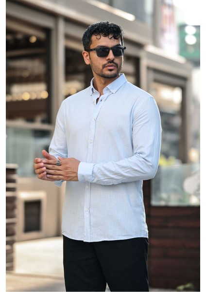 Erkek Beyaz Slim Fit Dar Kesim Düğmeli Yaka Keten Görünümlü %100 Pamuk Flamlı Gömlek