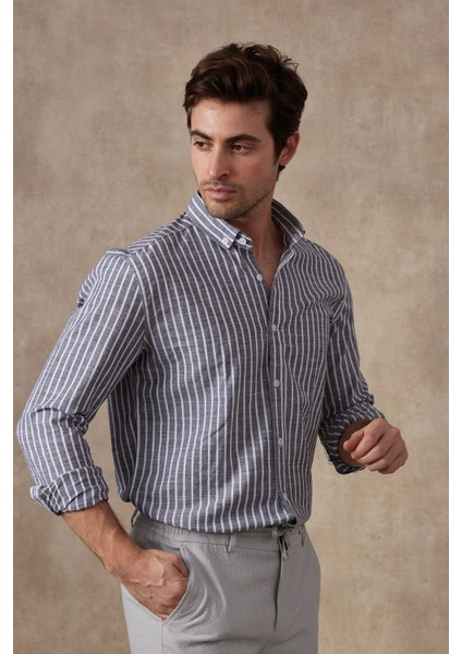 Erkek Uzun Kol Yaka Düğmeli Modern Slim Fit Dar Kesim Çizgili Pamuklu Gömlek