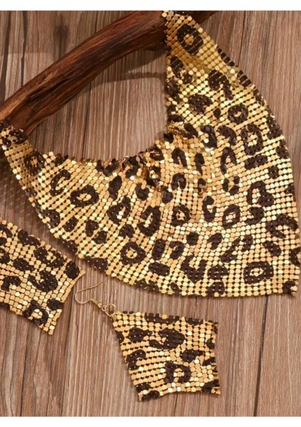 SE Jewellery Leopar Şık Özel Tasarım Fular Tarzı Payet Kolye+Küpe Set