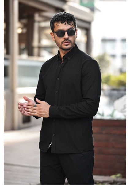 Erkek Beyaz Slim Fit Dar Kesim Düğmeli Yaka Keten Görünümlü %100 Pamuk Flamlı Gömlek