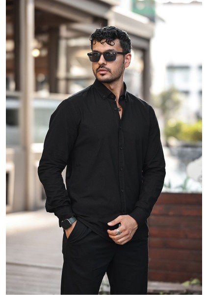 Erkek Beyaz Slim Fit Dar Kesim Düğmeli Yaka Keten Görünümlü %100 Pamuk Flamlı Gömlek