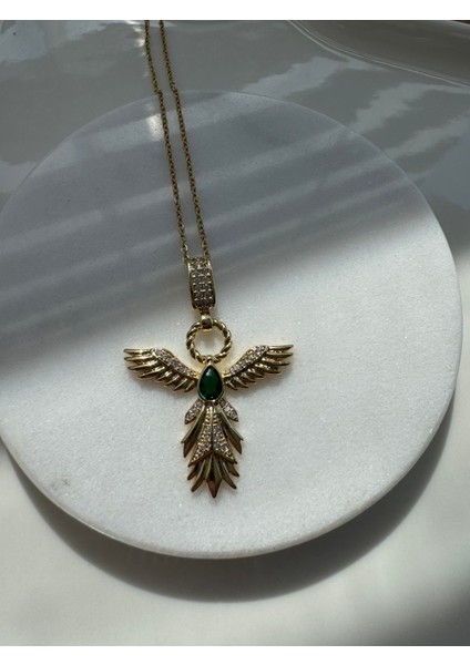 Ateliernu Jewelry Elif Anka Kuşu Yeşil Taşlı Çelik Kolye