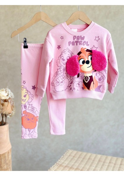 Pembe Renk Peluş Kulak Detaylı Itfaiyeci Köpek Baskılı Kışlık Pamuklu Sweatshirt Tayt Alt-Üst Takım