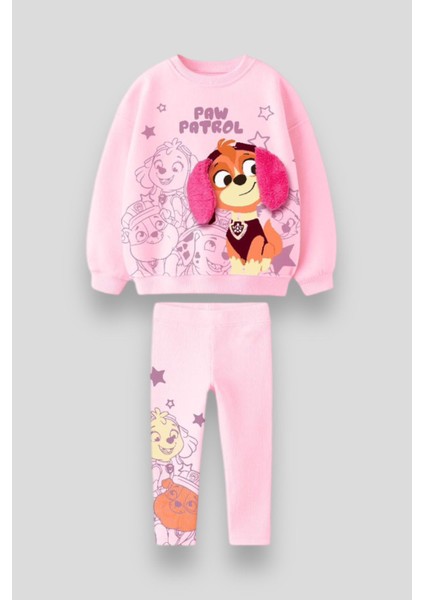 Pembe Renk Peluş Kulak Detaylı Itfaiyeci Köpek Baskılı Kışlık Pamuklu Sweatshirt Tayt Alt-Üst Takım