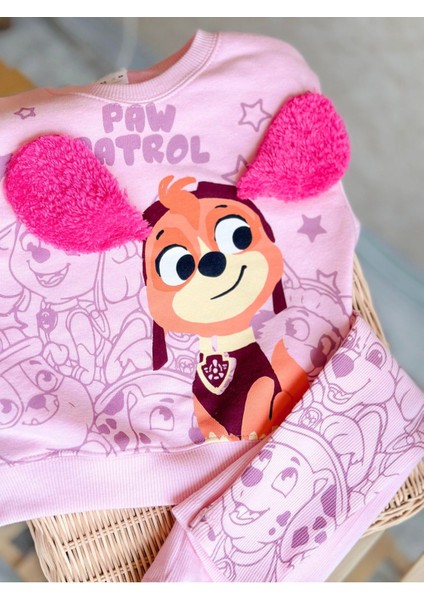 Pembe Renk Peluş Kulak Detaylı Itfaiyeci Köpek Baskılı Kışlık Pamuklu Sweatshirt Tayt Alt-Üst Takım
