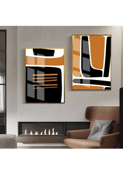 Turuncu-Siyah-Krem Soyut Şekil Kombin |Çerçeveli Cam Tablo 2li Dikey