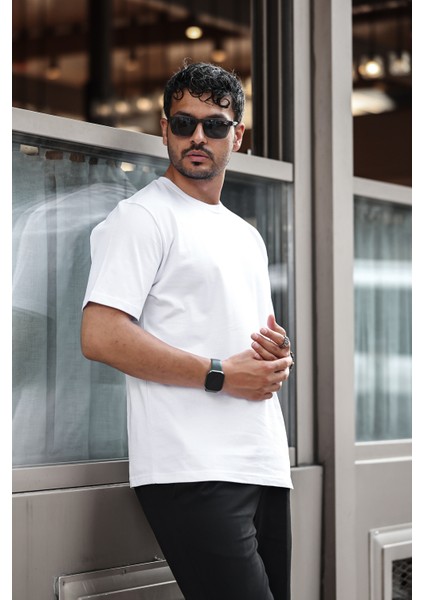Erkek Basıc Heavy Weıght T-Shırt Kompakt Pamuklu Oversize T-Shirt. Bisiklet Yaka ve Kısa Kollu