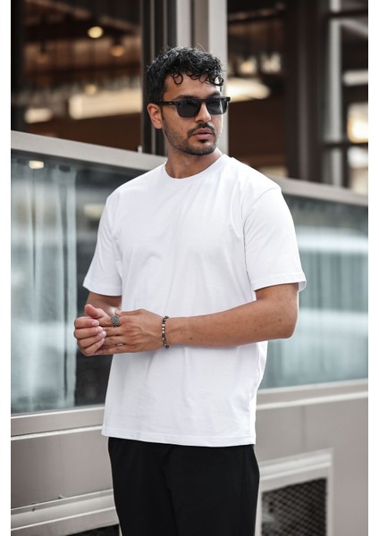 Erkek Basıc Heavy Weıght T-Shırt Kompakt Pamuklu Oversize T-Shirt. Bisiklet Yaka ve Kısa Kollu