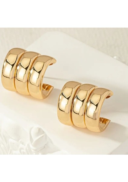 Premium 3’lü Görünümlü Gold Boru Trend Küpe modelleri