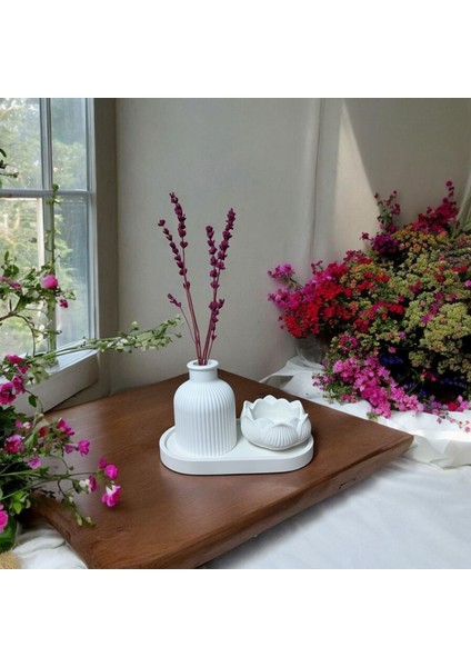 3 Lü Set Organizer Tabak Dekoratif Vazo Lotus Çiçeği Mumluk & Dekor Süs Eşyaları & Hediyelik Eşya