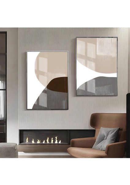 Gri-Krem -Beyaz Soyut Abstract Kombin |Çerçeveli Cam Tablo 2li Dikey