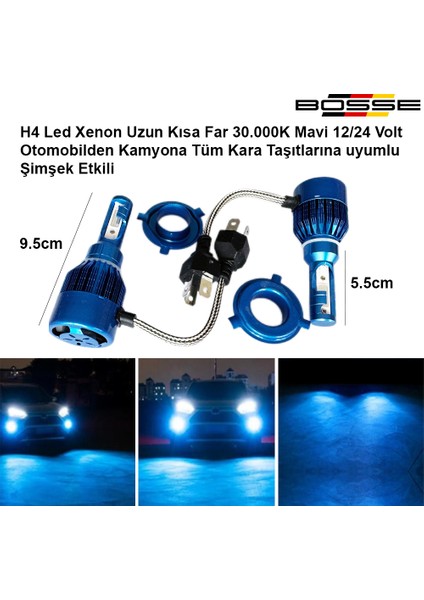 H4 LED Xenon Deli Mavi 30.000K Şimşek Etkili 12 - 24 Volt Uyumlu Bosse Forza Serisi 2li