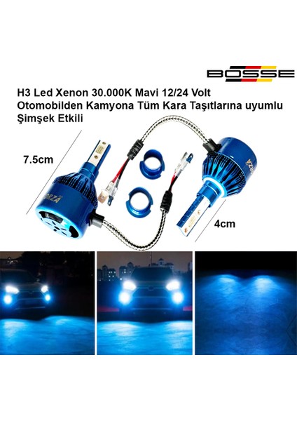 H3 LED Xenon Deli Mavi 30.000K Şimşek Etkili 12 - 24 Volt Uyumlu Bosse Forza Serisi 2li