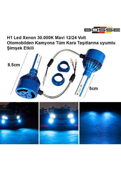 H1 LED Xenon Deli Mavi 30.000K Şimşek Etkili 12 - 24 Volt Uyumlu Bosse Forza Serisi 2li