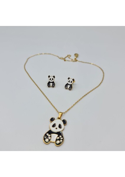 SE Jewellery Panda Çocuk Çelik Küpe Kolye Set