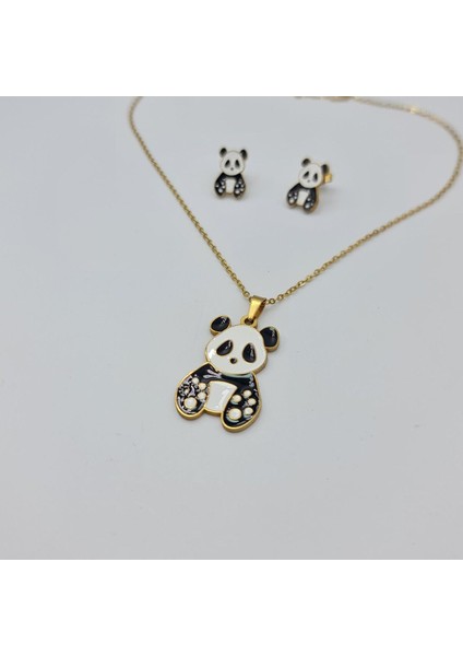 SE Jewellery Panda Çocuk Çelik Küpe Kolye Set