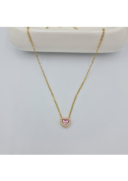 SE Jewellery Çelik Pembe Taşlı Kalp Mini Kadın Set