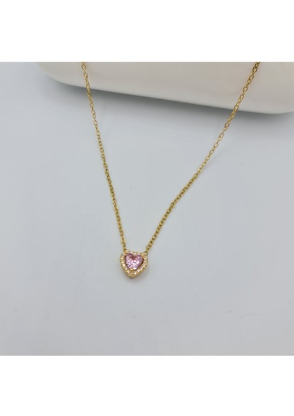 SE Jewellery Çelik Pembe Taşlı Kalp Mini Kadın Set