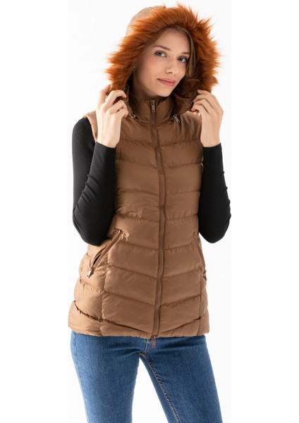 Kadın Vizon Rengi Kapüşonlu Fermuarlı Şişme Yelek