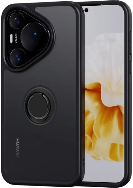 Huawei Pura 70 Kılıf Yüzüklü Standlı Extra Darbe Emici Silikon Kapak - Siyah