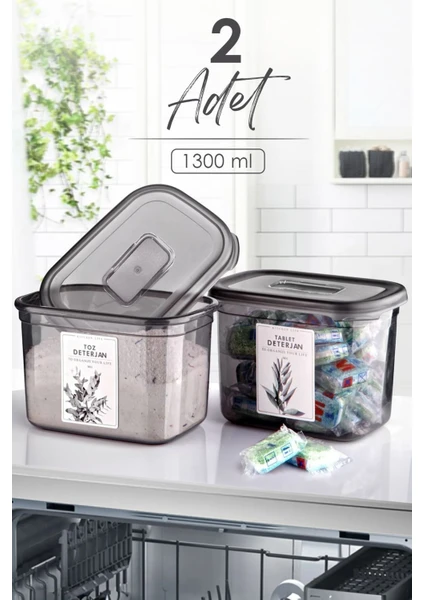 Kitchen Life 2 Adet Büyük Boy Dikdörtgen Deterjan Saklama Kutusu  - 1300 ml - Deterjan Seti