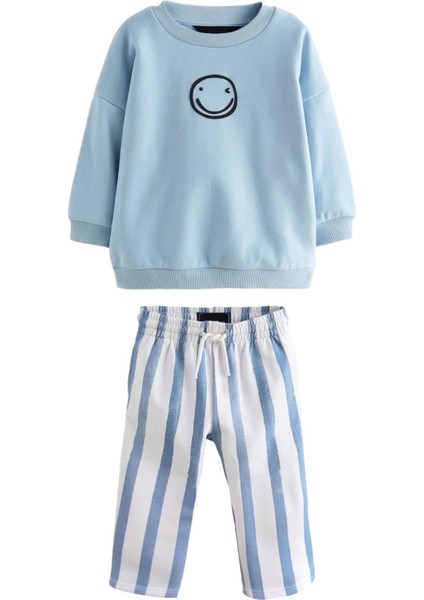 Yeni Sezon Erkek Çocuk 3 Iplik Çizgili Alt Emoji Smile Bebe Mavi Sweartshirt ve Çizgili Alt Üst Takım