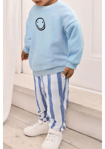 Yeni Sezon Erkek Çocuk 3 Iplik Çizgili Alt Emoji Smile Bebe Mavi Sweartshirt ve Çizgili Alt Üst Takım modelleri