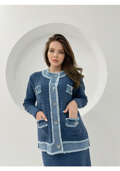 Denim Kot Detaylı Tasarım Triko Takım Etek Ceket Triko Takım