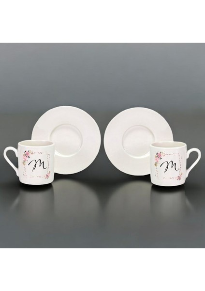 M Harfli Çiçekli Çerçeveli Kişiye Özel Tasarımlı Hediyelik Tekli Türk Kahve Fincanı modelleri