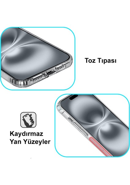 iPhone 16 Kapak Kamera Korumalı Tıpalı Şeffaf Silikon Kılıf