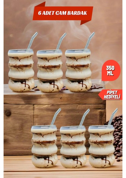 6 Adet Boğumlu Borosilikat Kokteyl Soğuk Sıcak Kahve Meşrubat Bardağı 6 Cam Pipet Hediye 350 ml