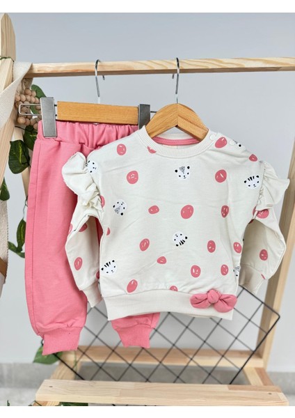 Kedi Baskılı Fırfırlı Fiyonklu 2 Ip Mevsimlik Kız Bebek/çocuk Ikili Takım
