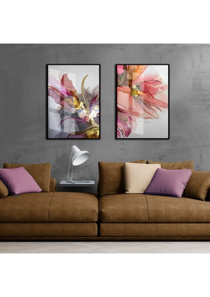 Soyut Şekiller Mor-Pembe-Gold 2|Çerçeveli Cam Tablo 2li Dikey