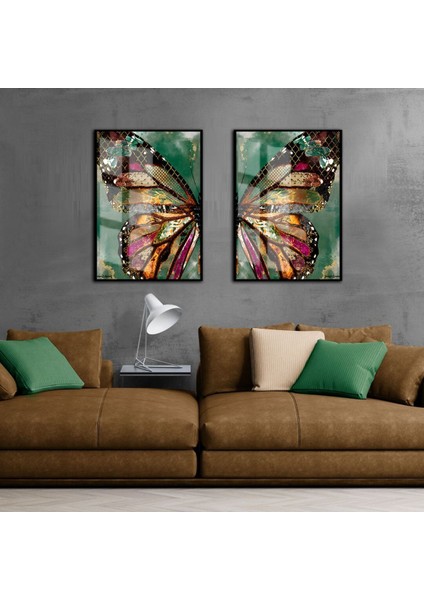 Sevilen Kelebek Kanat Kombini Yeşil Gold Mor |Çerçeveli Cam Tablo 2li Dikey